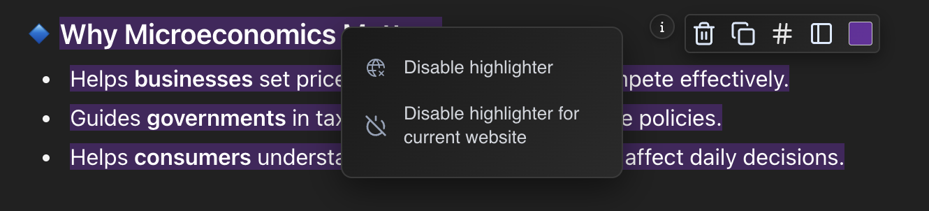 Highlight management options